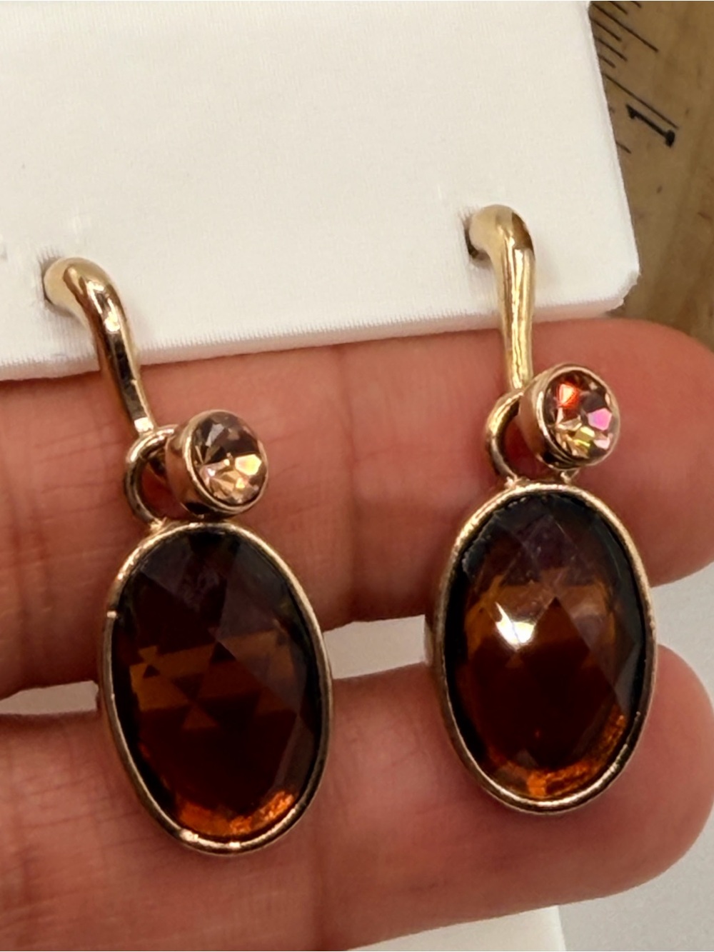 Gold-Tone light brown topaz faceted  Oval Drop Earrings with Top Crystal Accent